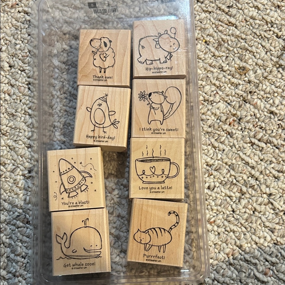 Wooden Cute Animal & Coffee Rubber Stamp Set - Natural Pun Fun